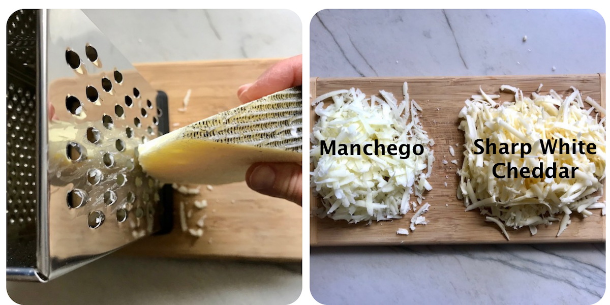 Shredding Manchego and white cheddar for Bacon Mac and Cheese. It has a creamy and cheesy sauce with a touch of smokiness from the bacon, coats each piece of pasta. On top, crispy crunchy, indulgent bacon fat cracker crumbs!