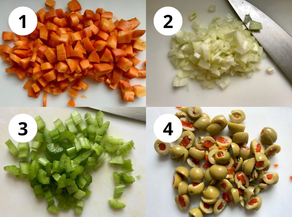 Four-picture collage of chopped veggies for Spanish Chicken and Rice. Upper left: diced carrots, upper right: diced onions, lower left: diced celery, lower right: sliced green olives with pimiento.