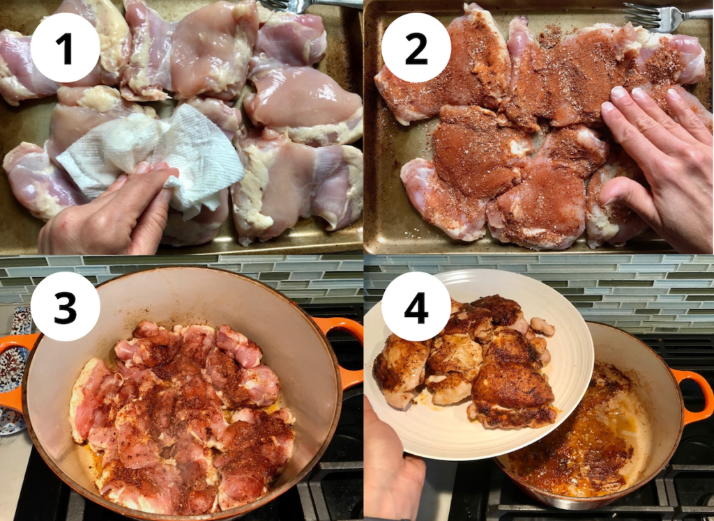 Four-Picture collage showing prepping and cooking chicken thighs for Spanish Chicken and Rice. From top left to right: Patting skinless chicken thighs with paper towel, hand rubbing spices into chicken, chicken cooking in a dutch oven, chicken thighs being transferred from dutch oven to plate.