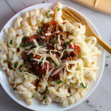 Chili Mac and Cheese on a plate with fork. This Recipe has creamy and cheesy pasta topped with smokey, tangy, savory beef chili! #macandcheese #chilirecipes