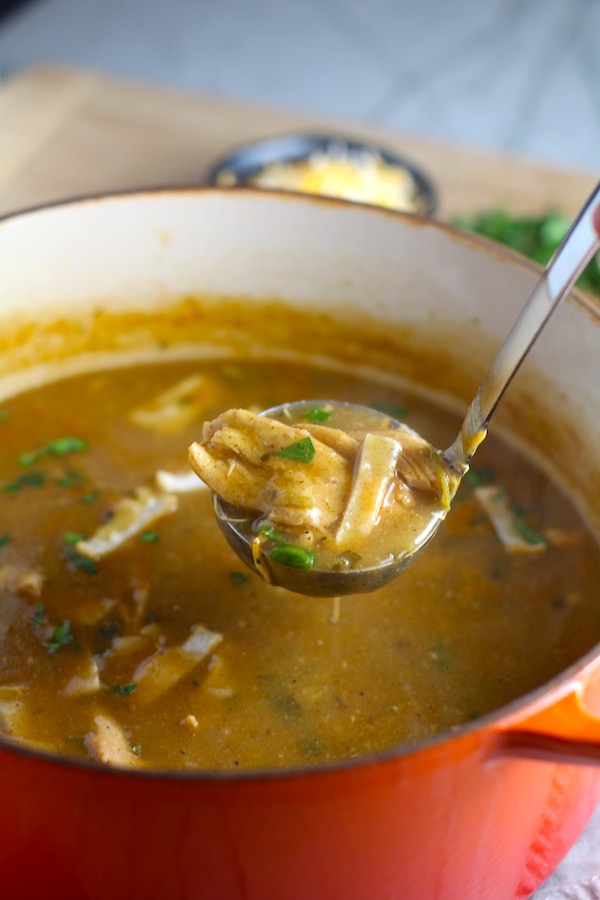 Creamy Chicken Enchilada Soup in a pot with ladle scooping. It's creamy, hearty, slightly spicy with green chiles and smokey seasonings that bring so much depth. Corn tortilla strips act like the noodles in this soup!