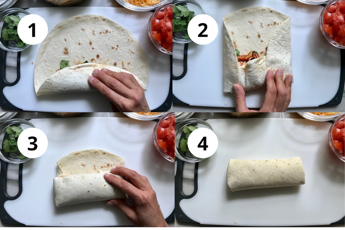 4 Picture collage showing how to roll the burrito with Black Beans and Quinoa Recipe. Packed with protein and fiber, but also cheese, tomato, cilantro, and sour cream! The vegetarian 'meat' is taco-seasoned quinoa, black beans, and cauliflower.