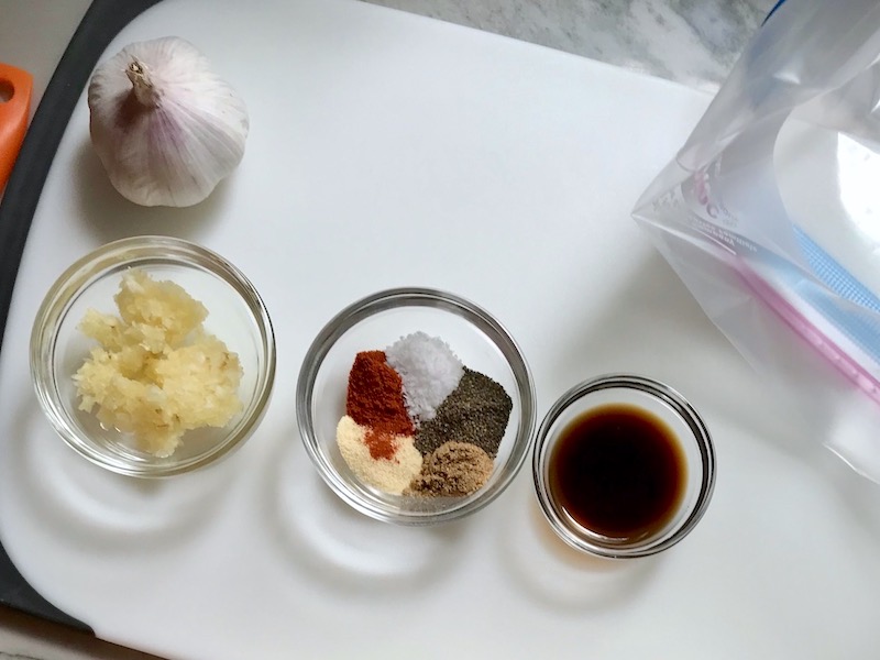 Ingredients in bowls for marinade for Garlic Steak Kabobs. #beefkabobs #steakkabobs