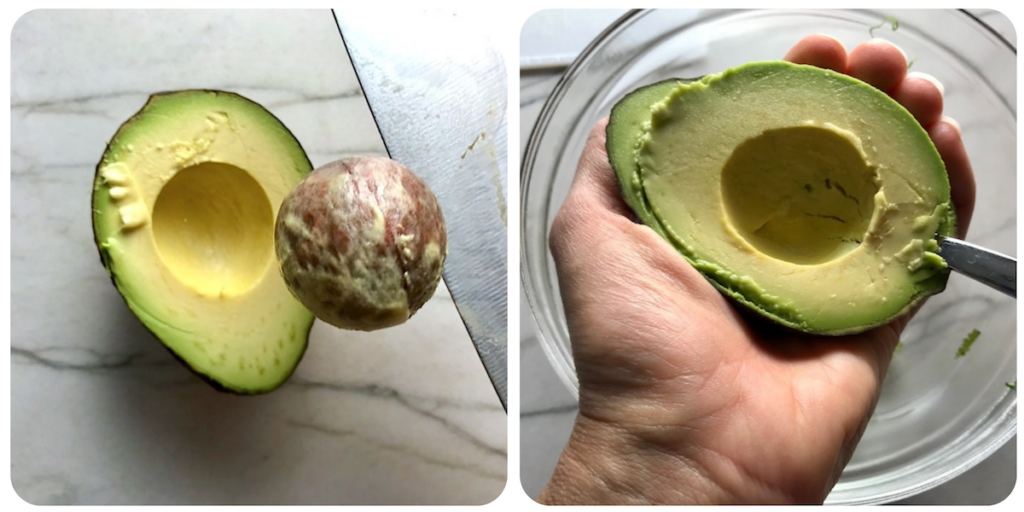 2 pics: Knife removing seed from half avocado and then hand holding half of avocado while spoon scoops out the flesh for Turkey Taco Burger recipe.