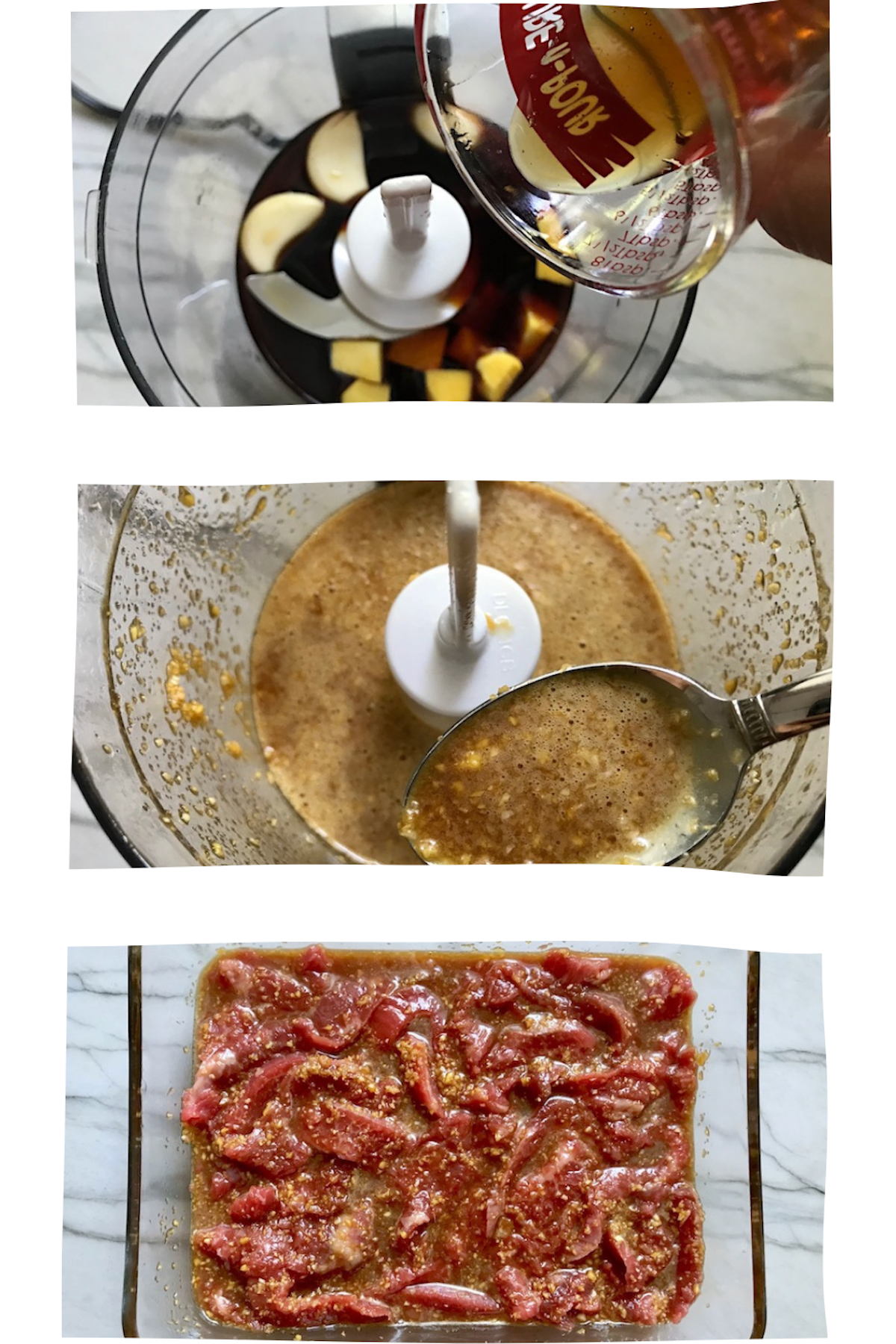 3 images: Top with Food Processor with garlic cloves, ginger, soy sauce, and pouring sesame oil. Middle shows it all blended. Bottom has it mixed in with sliced flank steak for Korean Beef Tacos with flavorful Korean beef, crunchy Sesame Cabbage Slaw and a creamy, cool, Cilantro Lime Sriracha sauce!