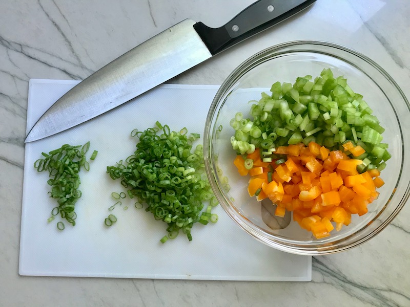 Chopped ingredients for Harissa Potato Salad Recipe with Edamame.