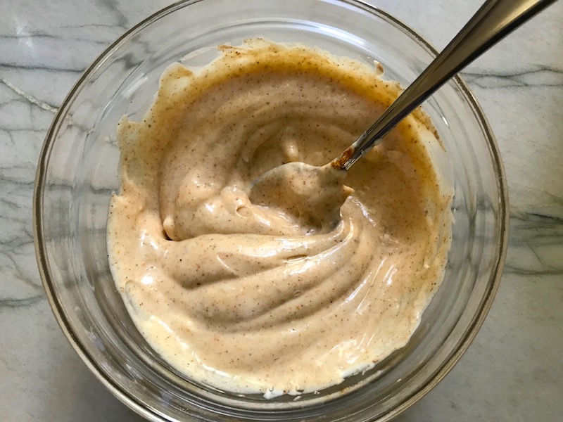 Harissa mayo in a bowl for Harissa Potato Salad Recipe with Edamame and Harissa. It's creamy, crunchy, meaty, tangy, peppery, salty, and oh, it's UNBELIEVABLE!