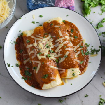 Chicken Mole Enchiladas, on a plate with cheese and cilantro on top. They are easy to make and delicious! The Mole sauce has unsweetened chocolate, tomatoes, green chilis, garlic, adobo sauce, and spices blend harmoniously!