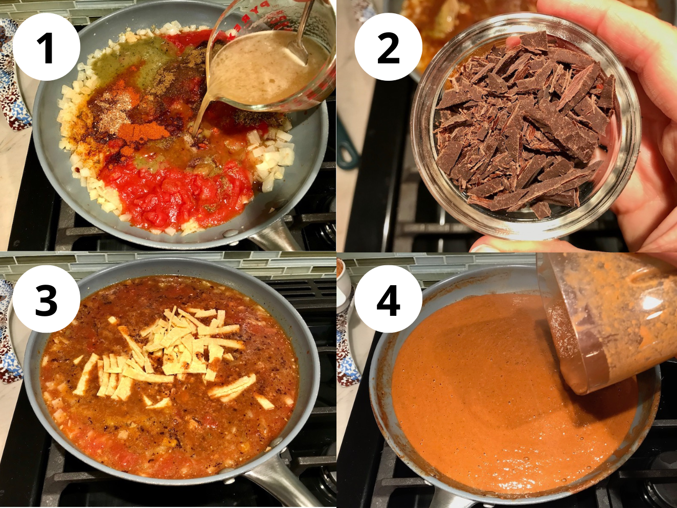 4 images showing how to make the mole sauce recipe. 1. pouring broth into pan with all other ingredients. 2. Adding unsweetened chocolate 3. adding tortillas, 4. blended sauce added back to pan.
