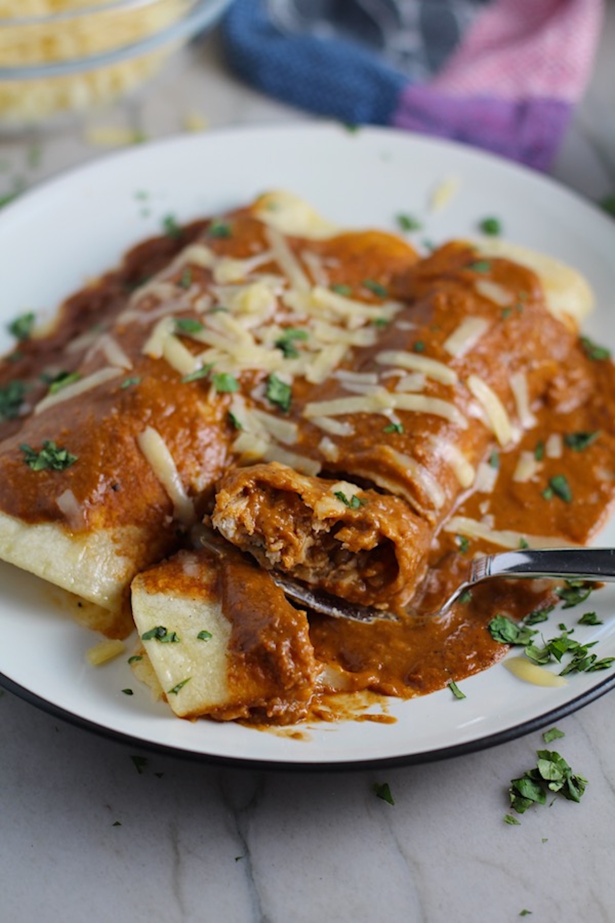 Fork with bite of Chicken Mole sauce recipe Enchiladas, on a plate with cheese and cilantro on top. They are easy to make and delicious! The Mole sauce has unsweetened chocolate, tomatoes, green chilis, garlic, adobo sauce, and spices blend harmoniously!