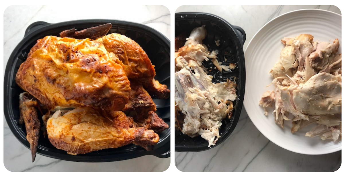 2 images: left of whole Rotisserie Chicken and right with with chicken removed and on a plate for Chicken Mole sauce recipe Enchiladas, or Enmoladas. It's easy to make and delicious!