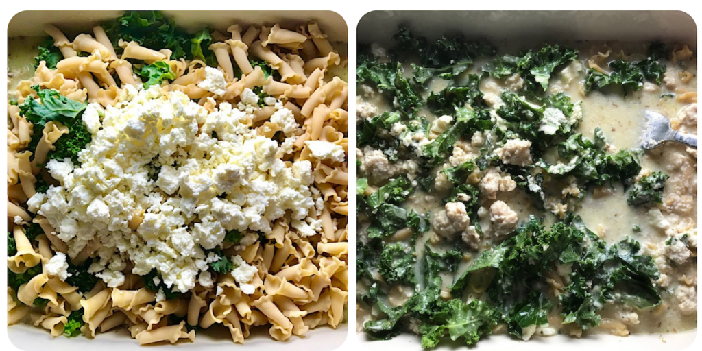Two images with left showing Crumbled Feta, dry pasta and kale added to casserole pan. Right showing a fork mixing it all together for Greek Ground Chicken Feta Pasta Casserole. It has lean ground chicken with garlic, oregano, parmesan, feta and Kale.