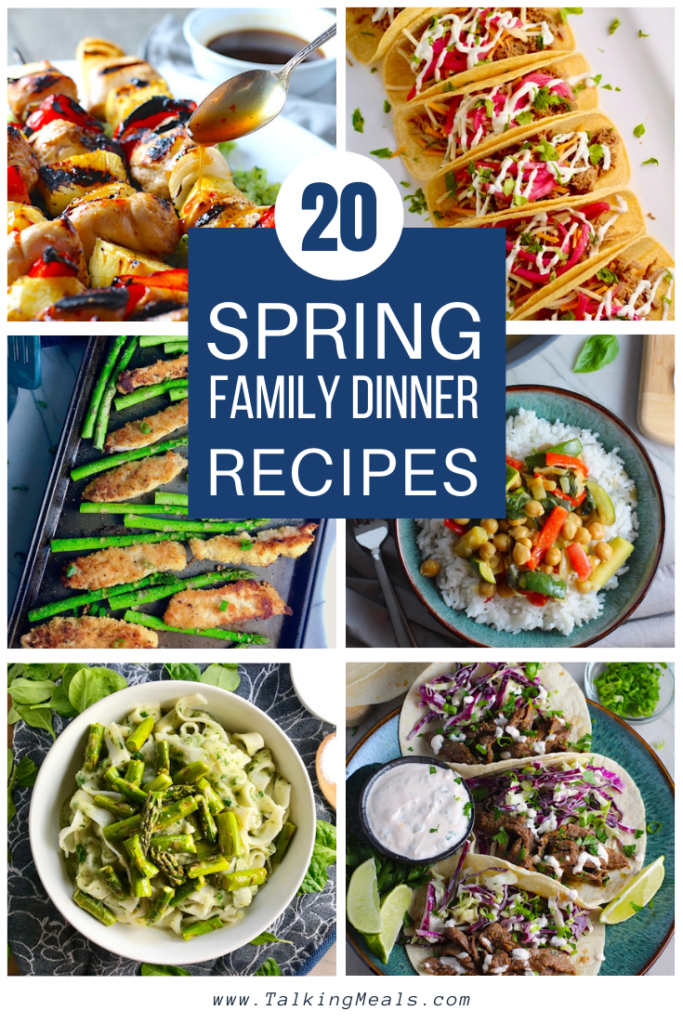 Collage of 6 dinners from the list of 20 Spring Dinner Recipes for Families