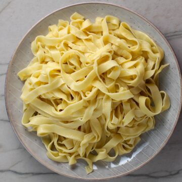 Easy Homemade Pasta, plain Fettuccine, on a plate on counter.