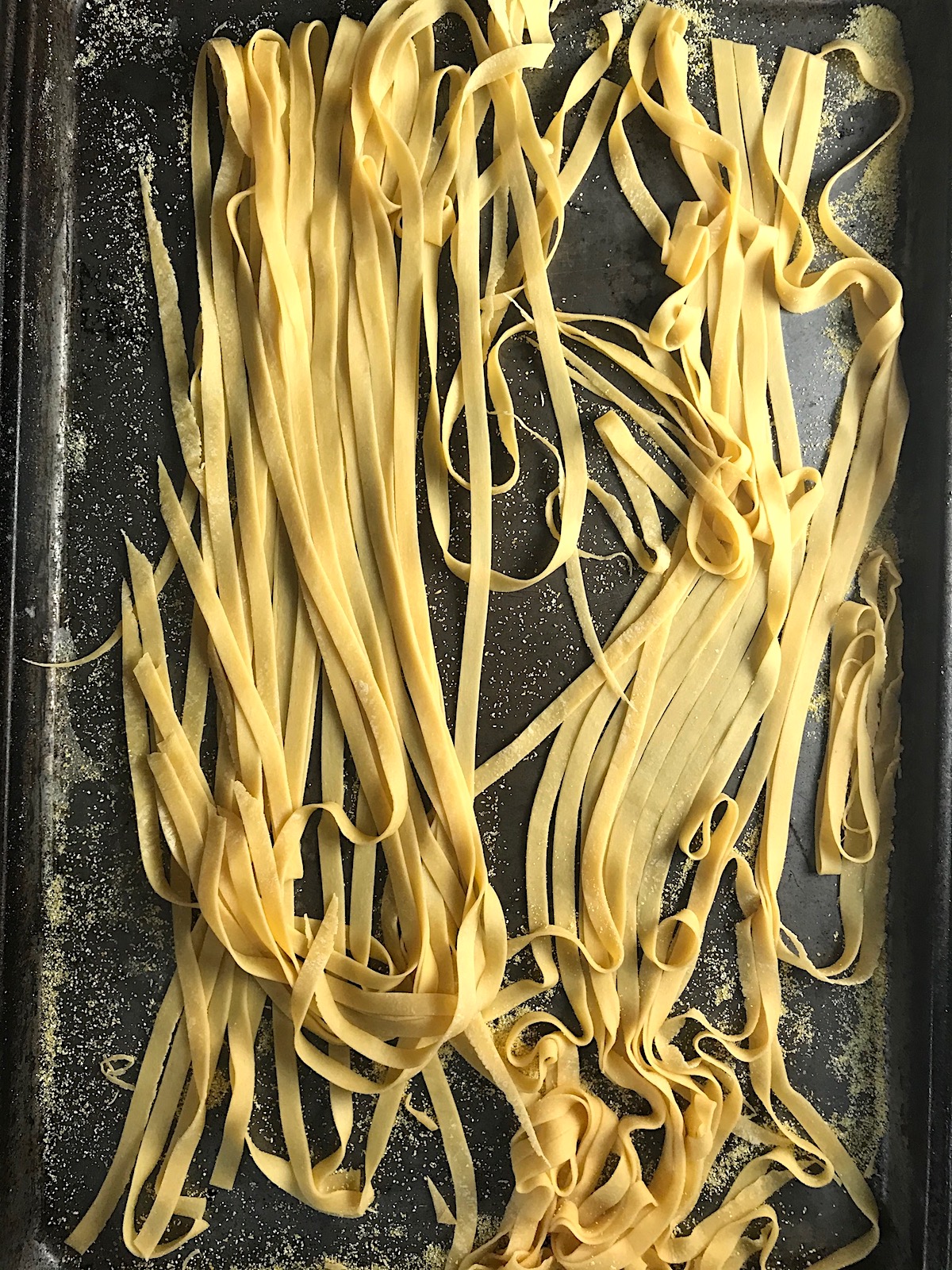 Easy Homemade Pasta plain Fettuccine on a sheet pan with cornmeal.