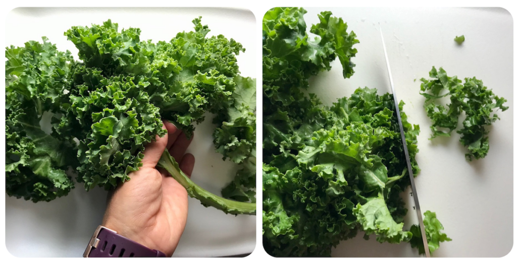 2 Pictures with left showing hand stripping the kale leaves from a stem and the right picture showing knife cutting kale leaves for Kale Caesar Salad with Baked Crispy Lemon Chicken strips