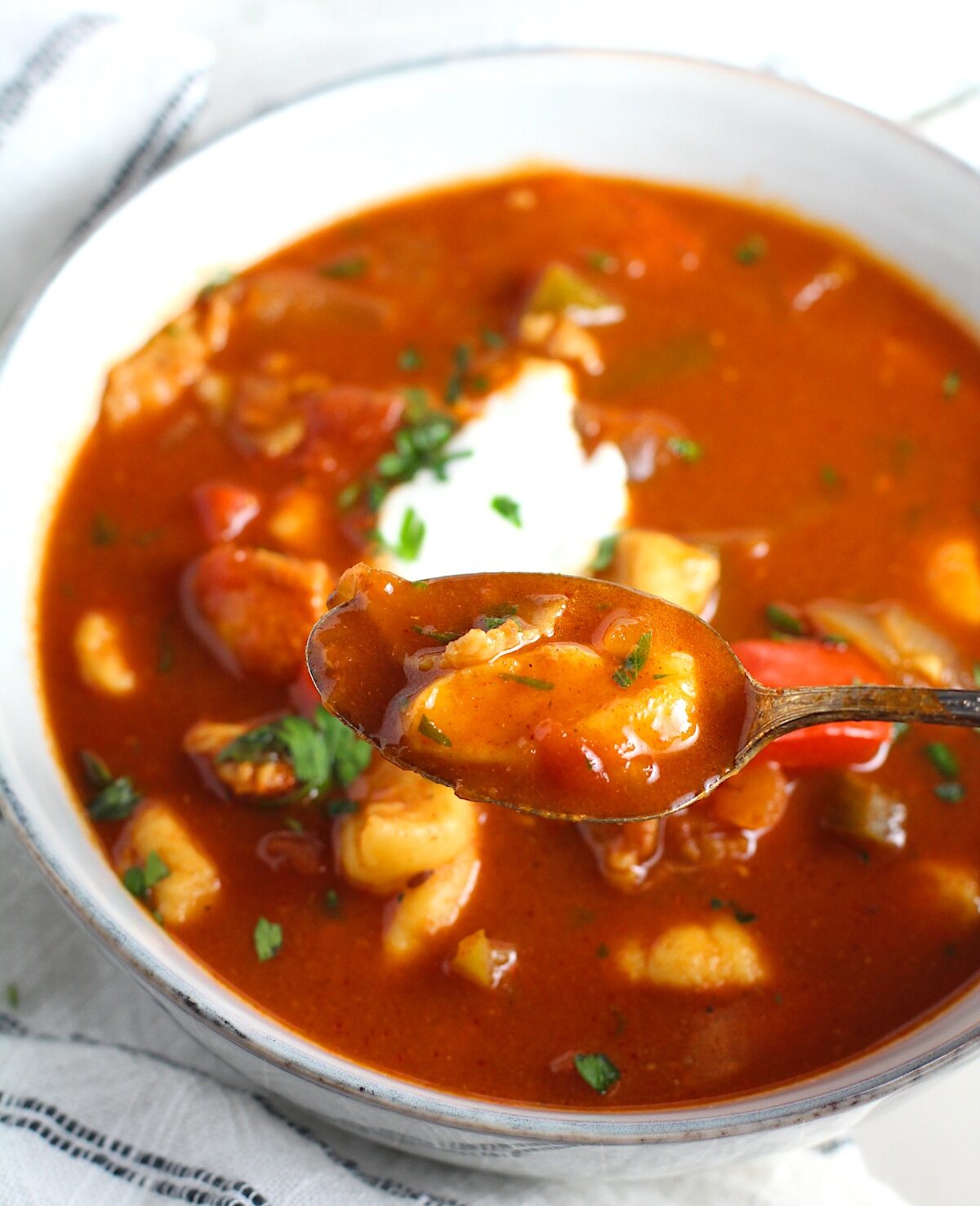 Chicken Goulash with quick homemade dumplings, red pepper, and parsley in a bowl with a spoon and sour cream on top.
