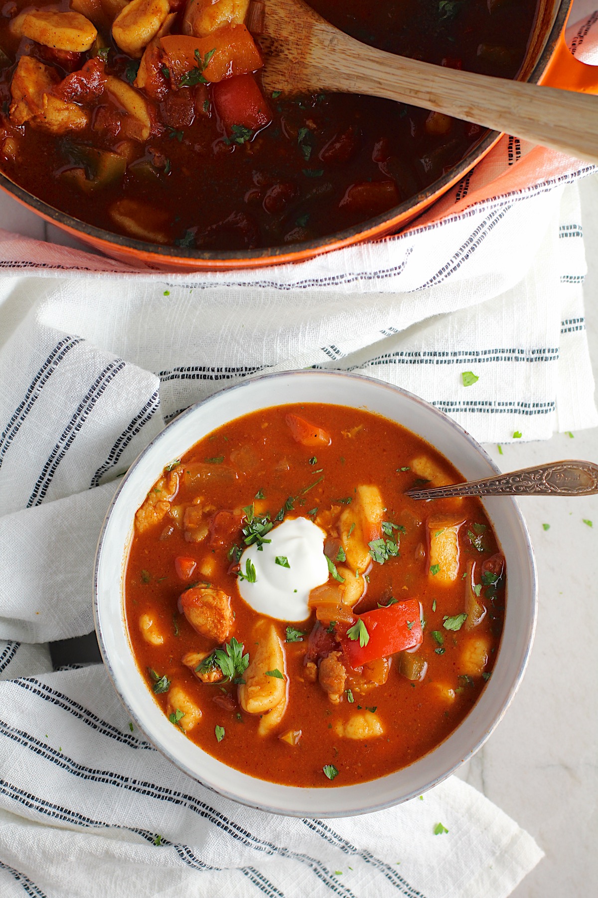 Chicken Goulash with quick homemade dumplings, red pepper, and parsley in a bowl with a spoon and sour cream on top.