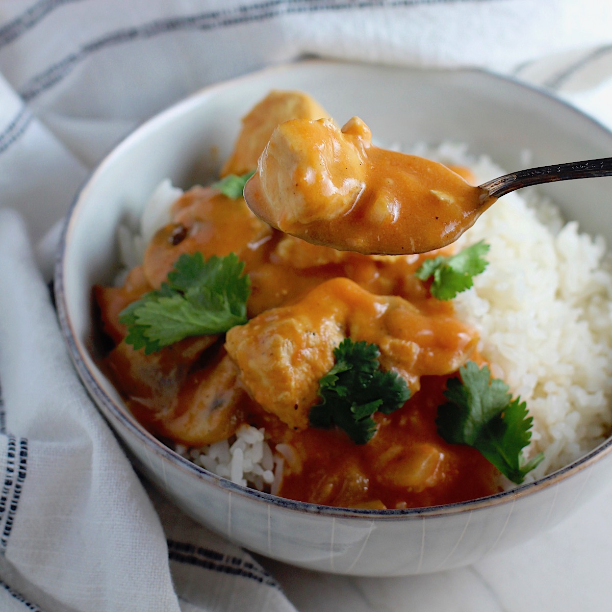 Spoon with bite of Chicken Stroganoff Brazilian Style over a bowl with a tomato based sauce, cream, mushrooms and cilantro leaves on top all over rice.