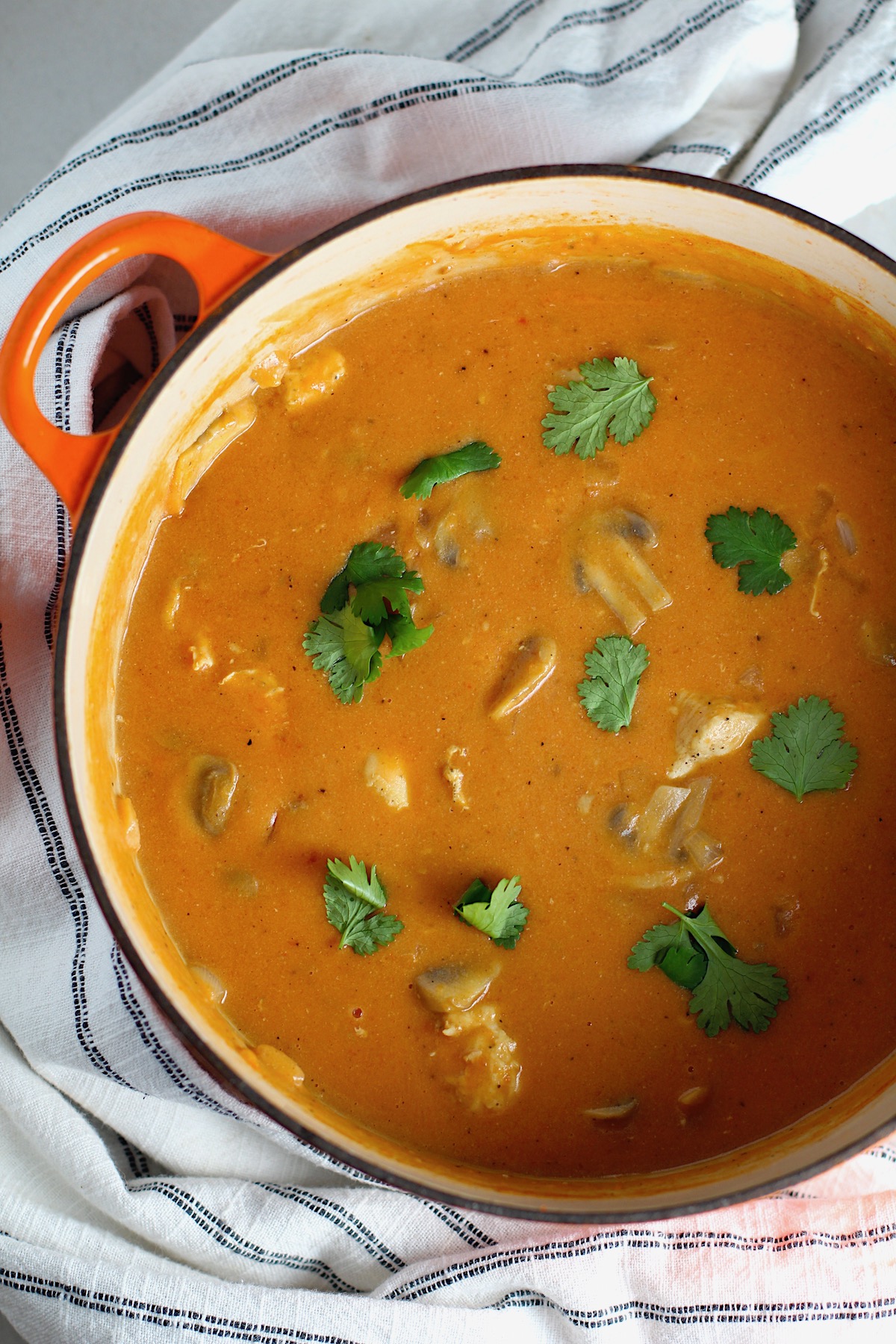 Chicken Stroganoff Brazilian Style in a pot with a tomato based sauce, cream, mushrooms and cilantro leaves on top.