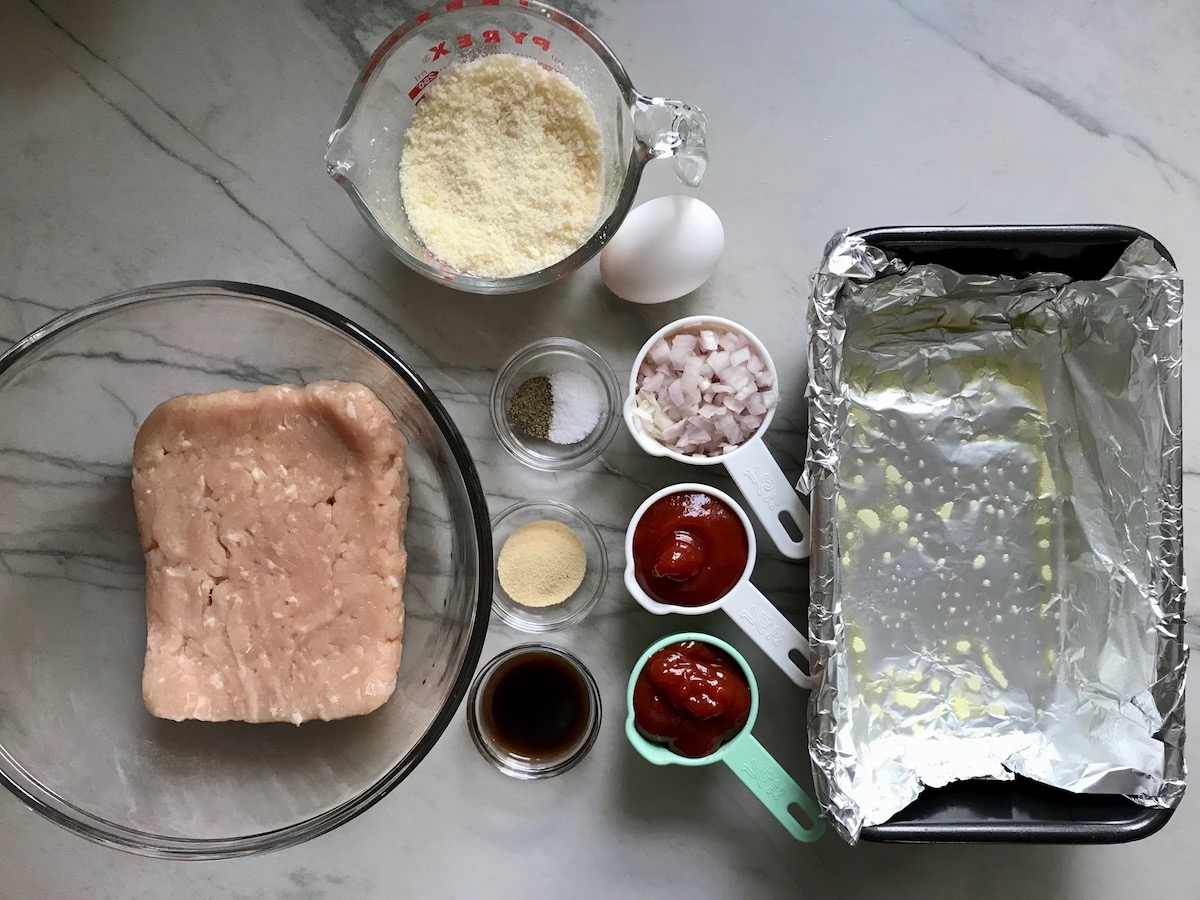 All ingredients on counter for Ground Chicken Meatloaf. It's a perfect family dinner main dish! 10 minutes to prep and 45 minutes to bake.