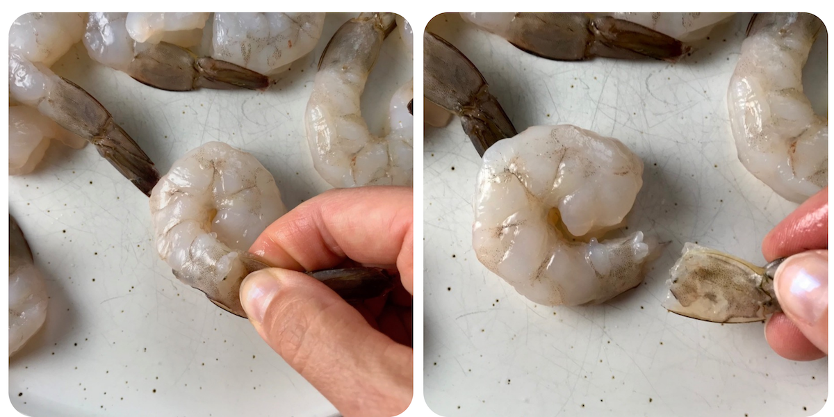 Sid-by-side images showing fingers pinching off the tail from raw shrimp for Creamy Chinese Coconut Shrimp Recipe. It's filled with flavor from garlic, ginger, coconut, and more. Done in under 30 minutes, it's perfect for busy nights!