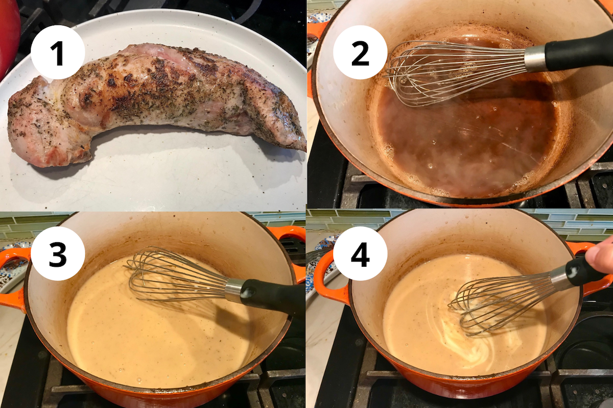 Four-image collage showing how to make the pork roast gravy recipe 1. transfer the cooked roast to a plate 2. adding stock and scraping up the browned bits 3. whisking in the gravy base 4. adding the milk.