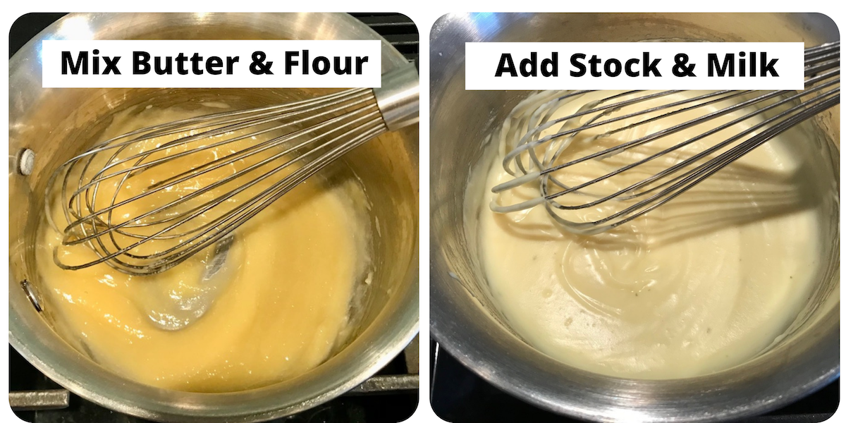 Two pictures showing how to make the Roast Pork Gravy recipe gravy base ahead. Left picture shows thick flour and butter roux. Right picture shows the thinner version with stock added.