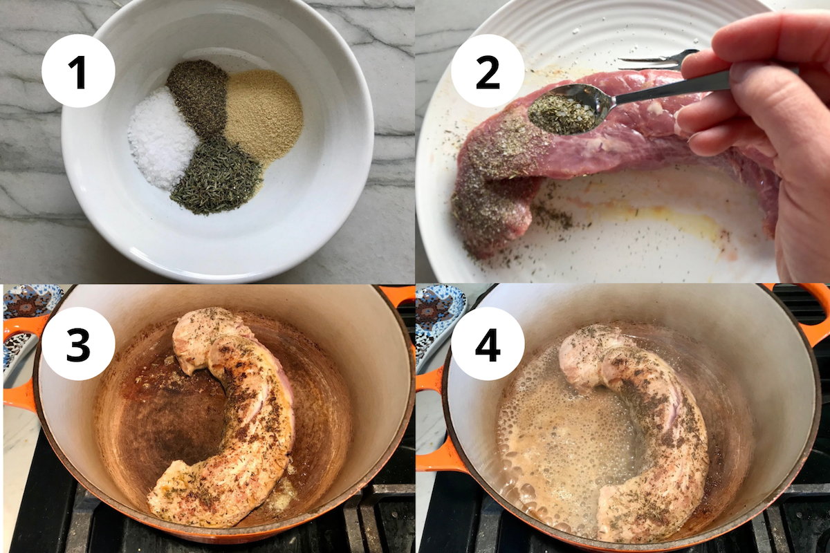 Four-image collage showing 1. the seasonings in a bowl (salt, black pepper, garlic powder, and thyme) 2. hand sprinkling pork roast 3. pork roast in pot 4. water added to pork in pot.