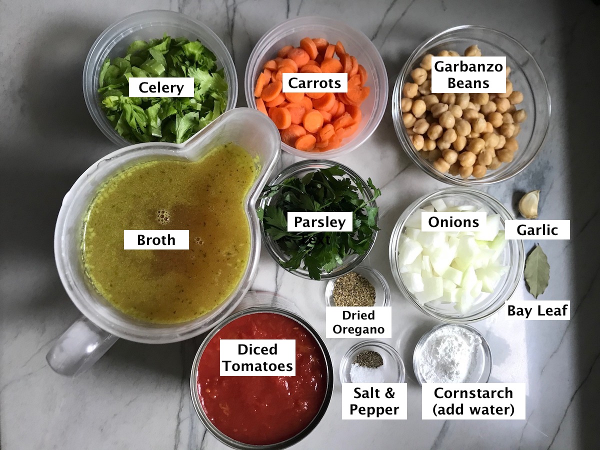 All ingredients measured out, chopped, and diced and then labeled for Vegetable Garbanzo Soup. It's slightly creamy and filled with flavor and texture! It's super easy to make ahead and enjoy during the week.