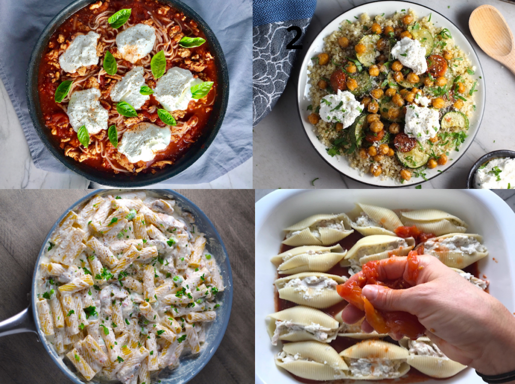 4 pictures of ways to use this Ricotta Filling Recipe: Pasta skillet with 6 dollops of ricotta filling on top, Mediterranean quinoa place with sausage, chickpeas, and zucchini with 3 dollops of ricotta filling, Rigatoni mixed with ricotta, bacon, and edamame, and stuffed shells with ricotta filling in casserole dish as hand adds crushed tomatoes on top.