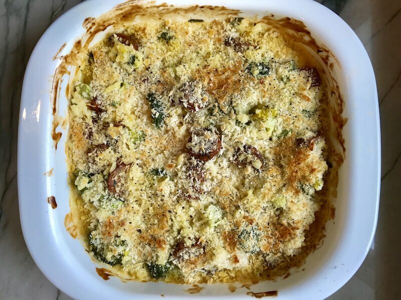 Cheesy Chicken Sausage & Broccoli Rice Casserole in dish.