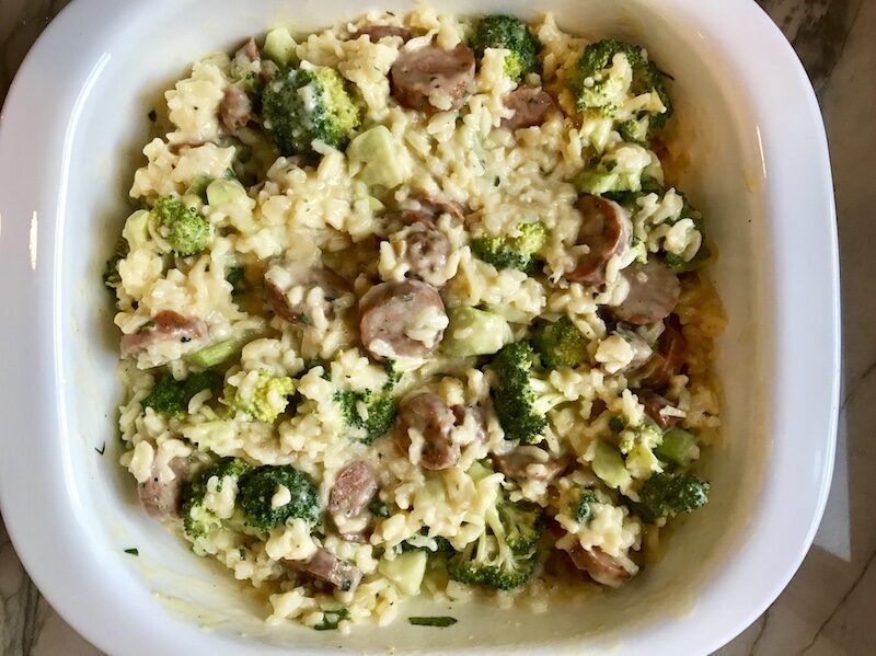 Cheesy Chicken Sausage & Broccoli Rice Casserole on plate