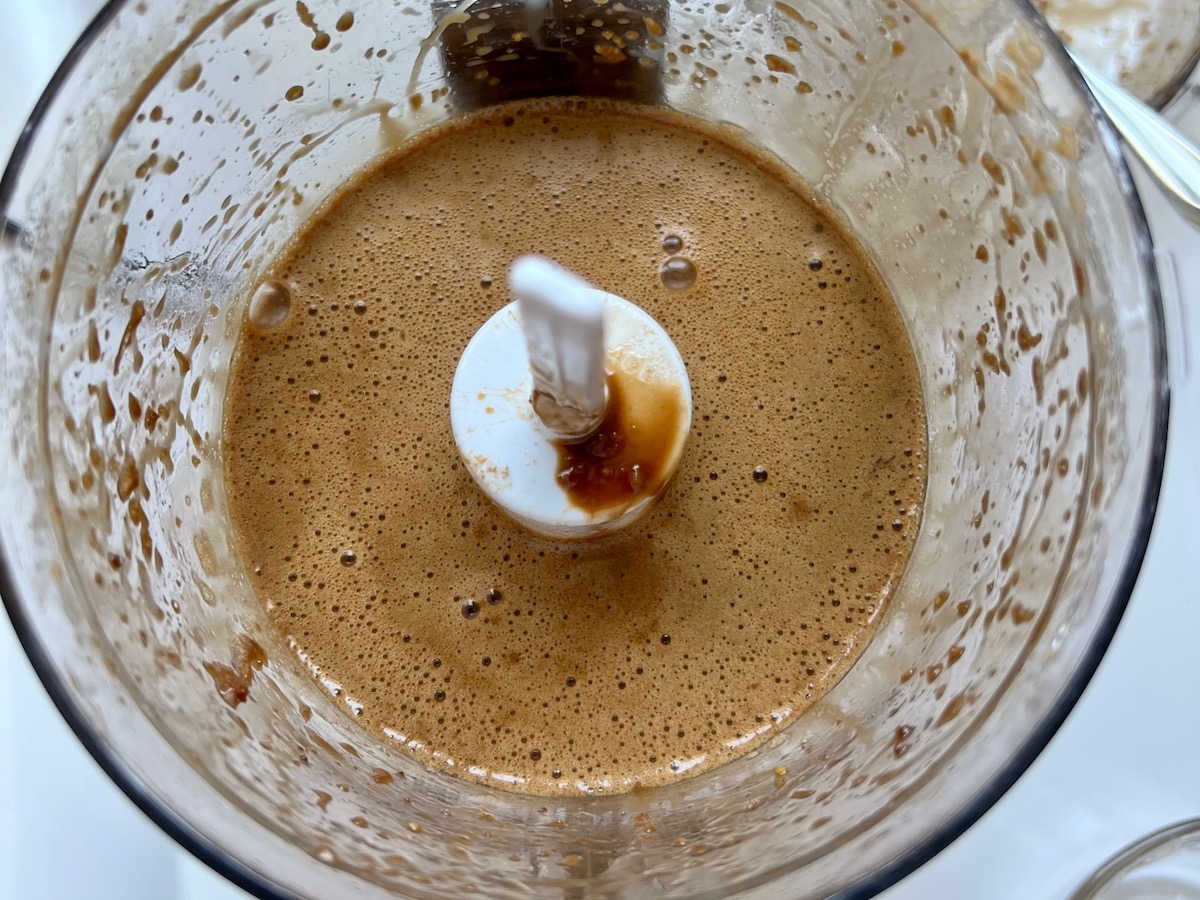 Garlic, ginger, soy sauce, sesame oil, vinegar, brown sugar, and cornstarch blended in food processor for Korean Beef Stew.