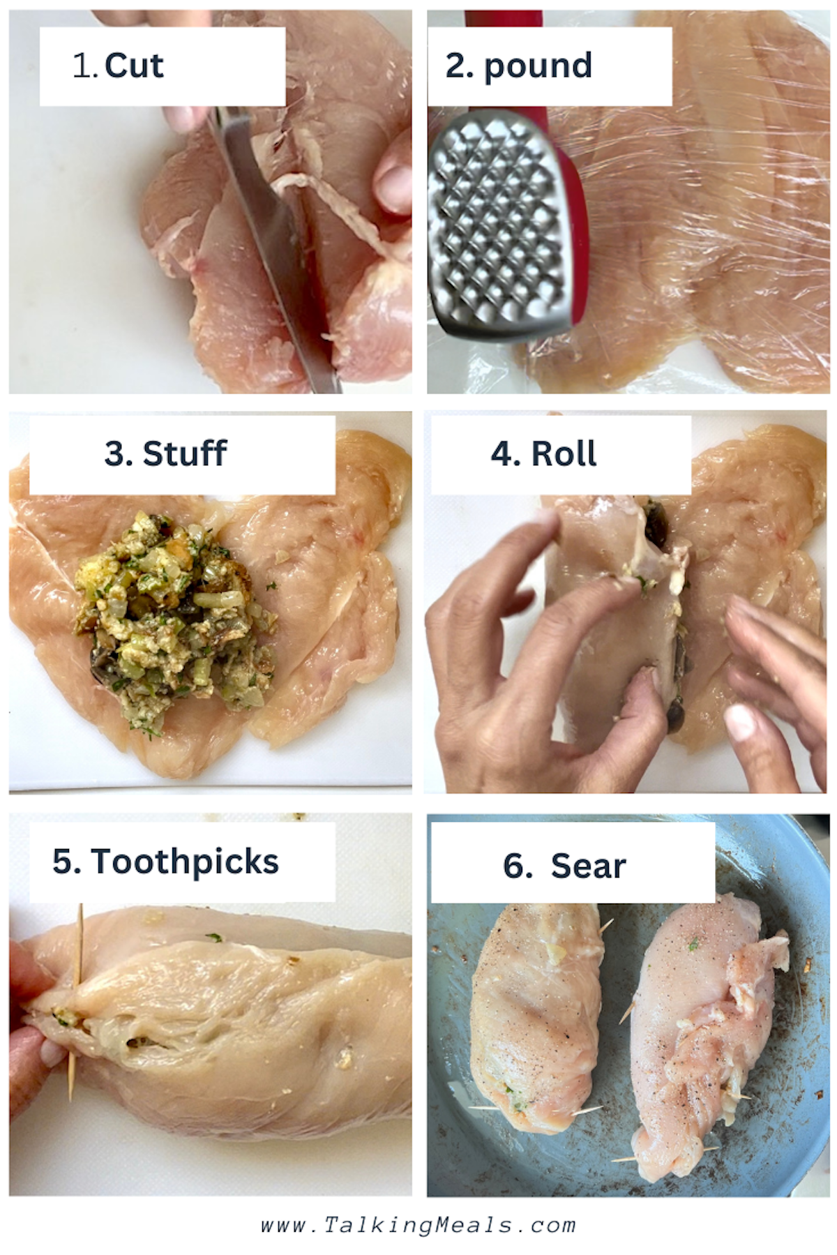 Collage of 6 images showing how to prepare and stuff the chicken: 1. cut 2. pound 3. stuff 4. Roll 5. secure with toothpicks 6. sear in a pan.