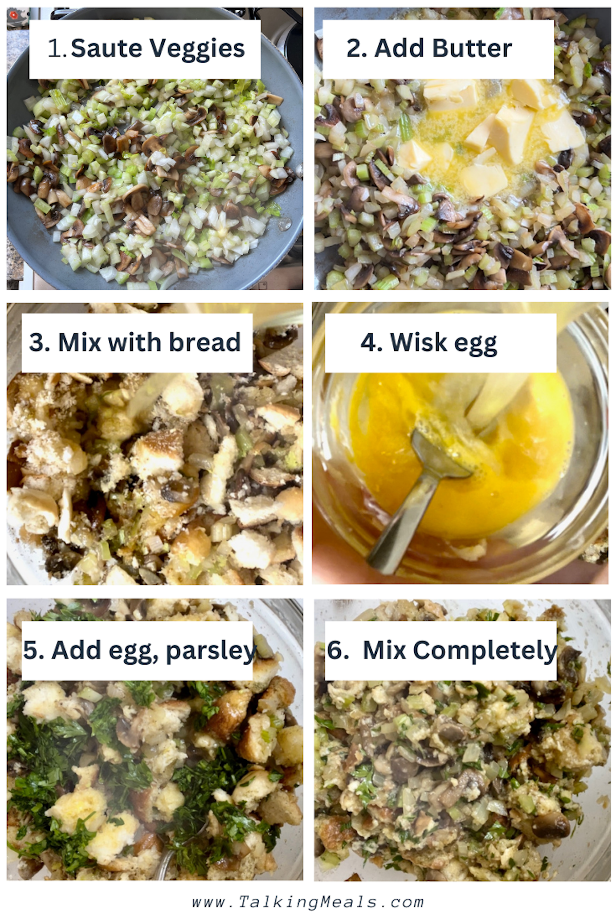 6 image collage showing how to make the stuffing for Stuffing Stuffed Chicken Breast Recipes.