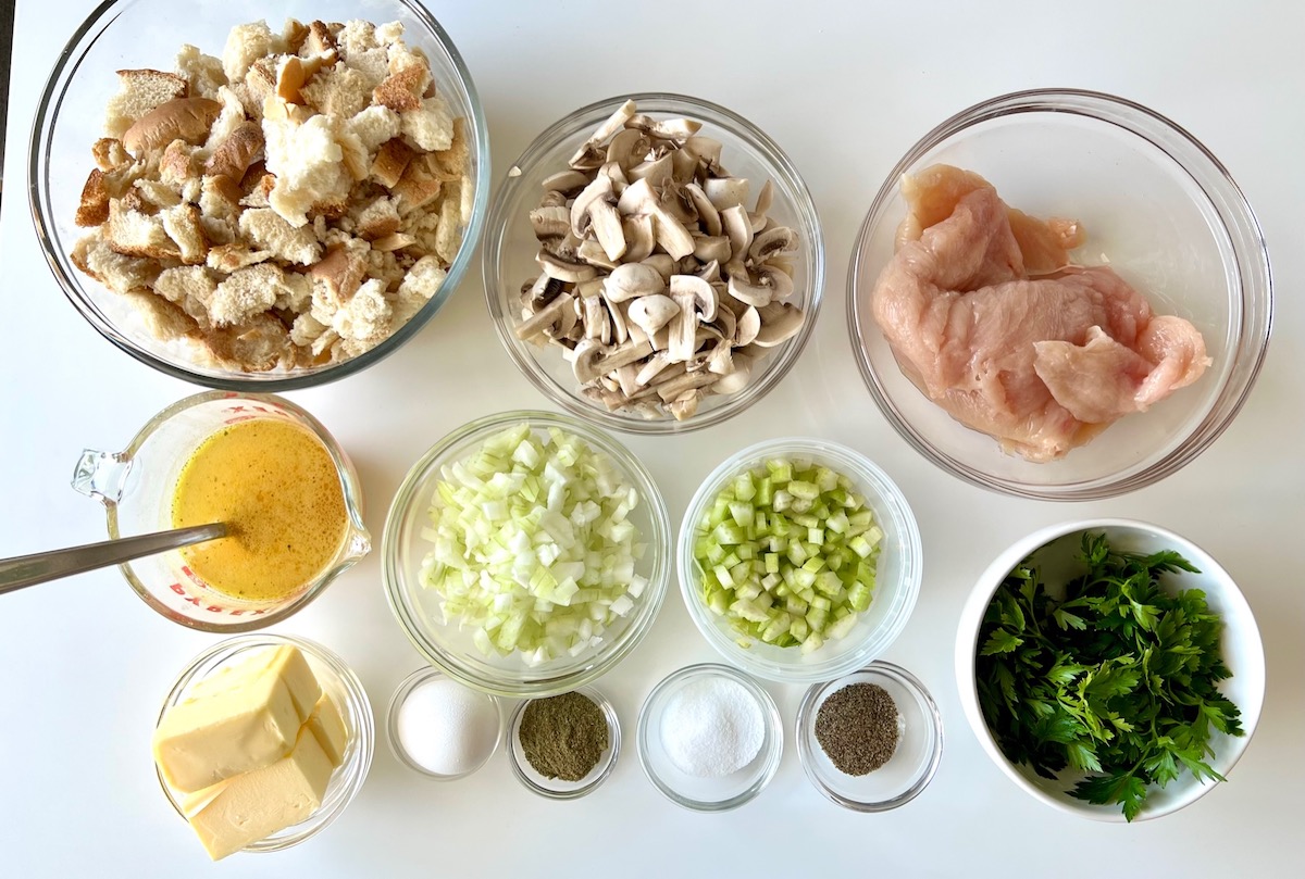 Ingredients prepped and measured out in small bowls for the basic recipe in the Stuffing Stuffed Chicken breast recipes.