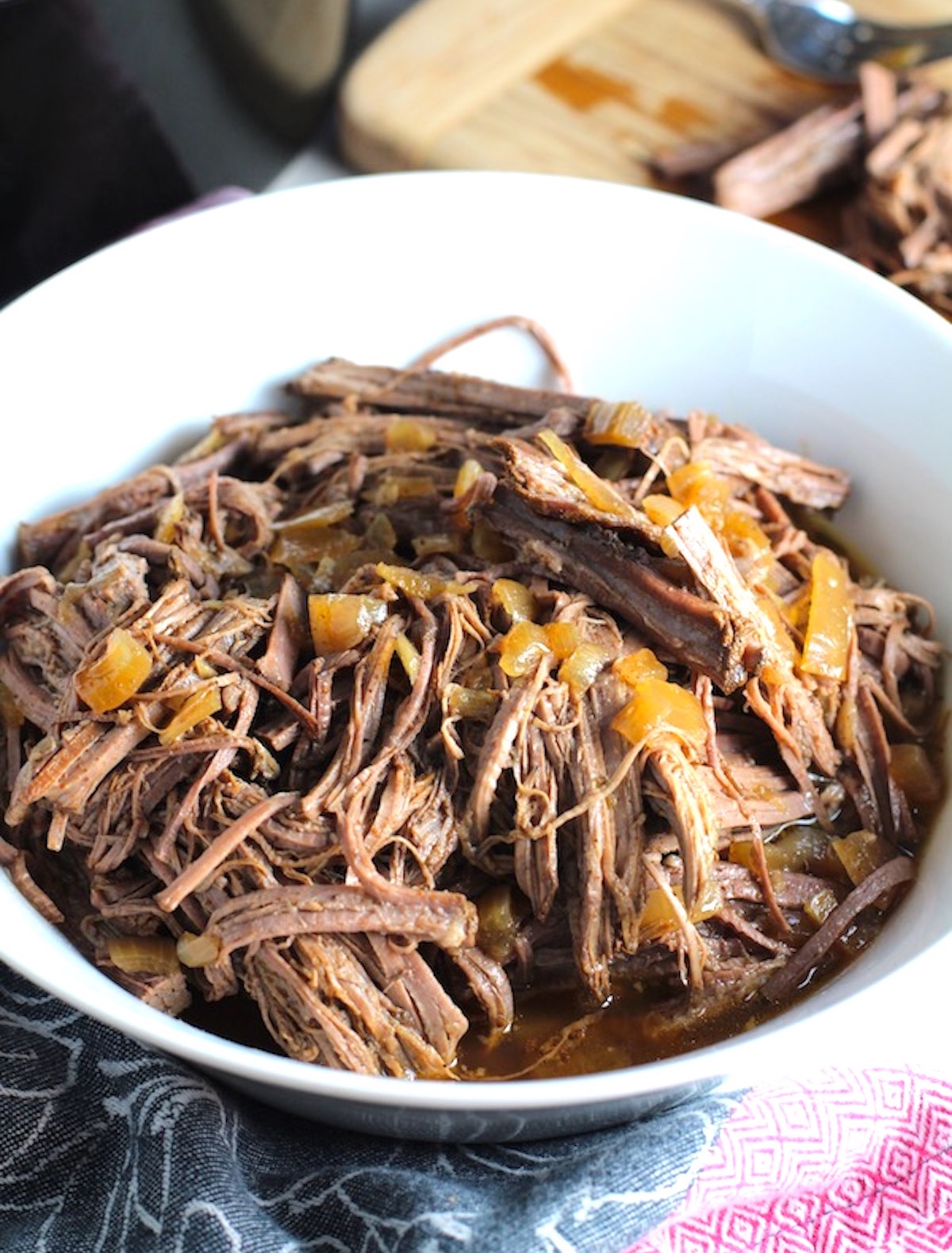 Pulled Beef Brisket in a bowl for article with Sides for Brisket.