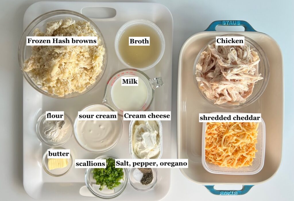 Ingredients prepped and measured out in bowls for the Chicken Hashbrown Casserole recipe.