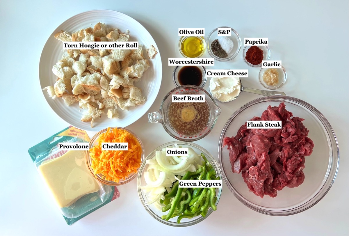 Ingredients prepped and measured out in bowls for the Philly Cheesesteak Casserole Recipe with Steak..