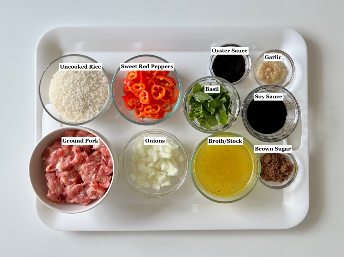 Ingredients prepped and measured out in bowls for Thai Basil Pork Recipe.
