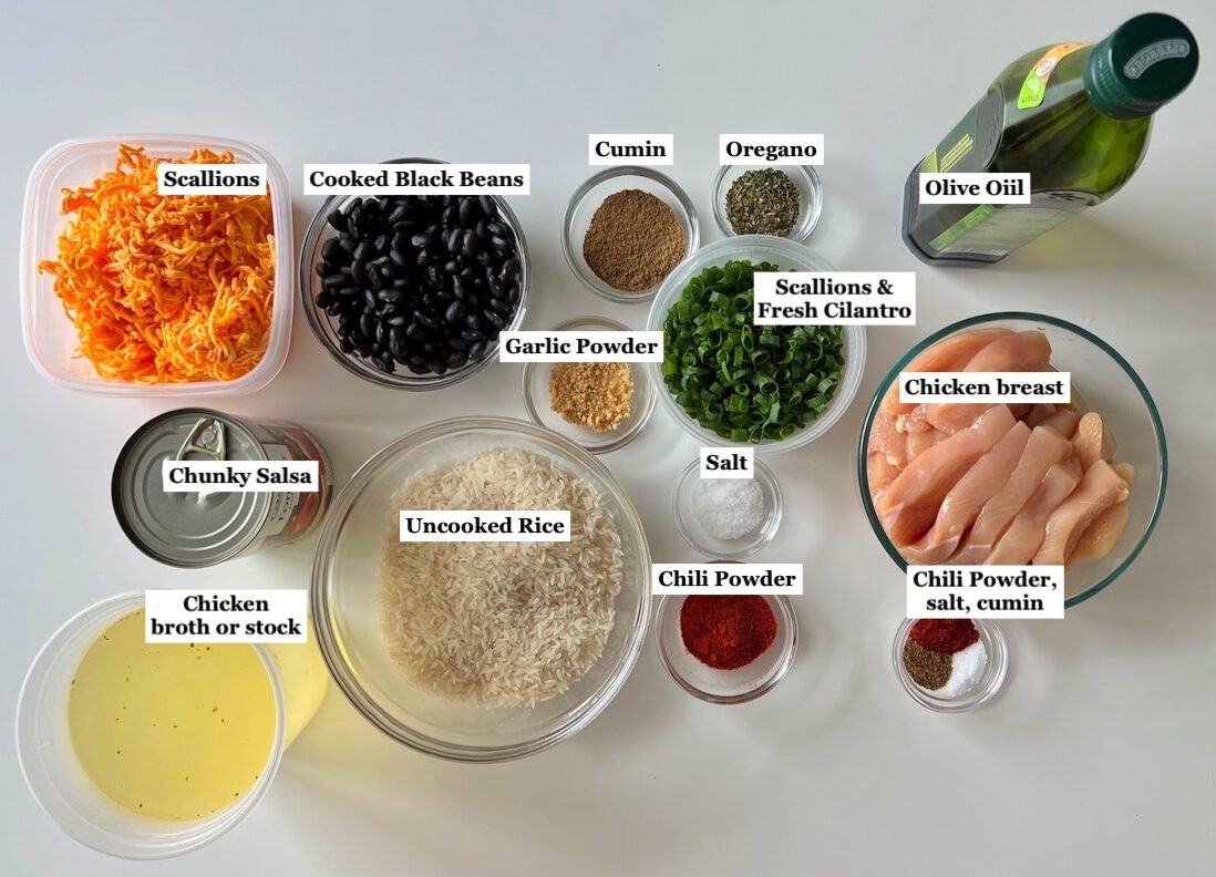 Ingredients prepped and measured out in bowls and labeled for Salsa Chicken Casserole Recipe.