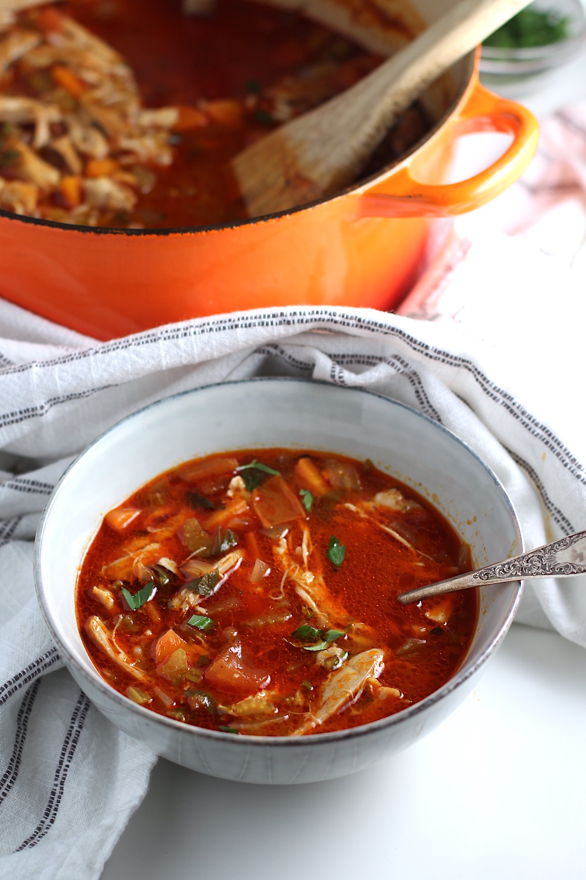 Spanish Chicken Soup in a bowl with a spoon on table and large pot of soup in the background.