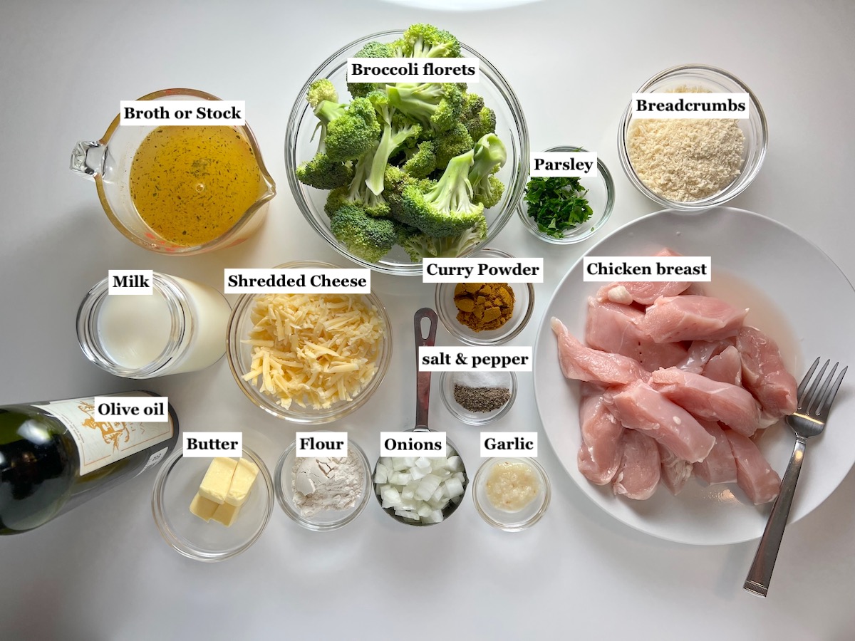 Ingredients prepped and measured out in bowls for Creamy Broccoli Chicken Curry Casserole Recipe.