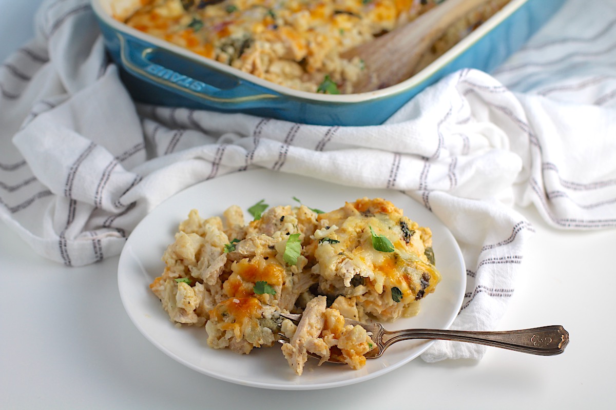 Chicken Cauliflower Bake on a plate with fork.