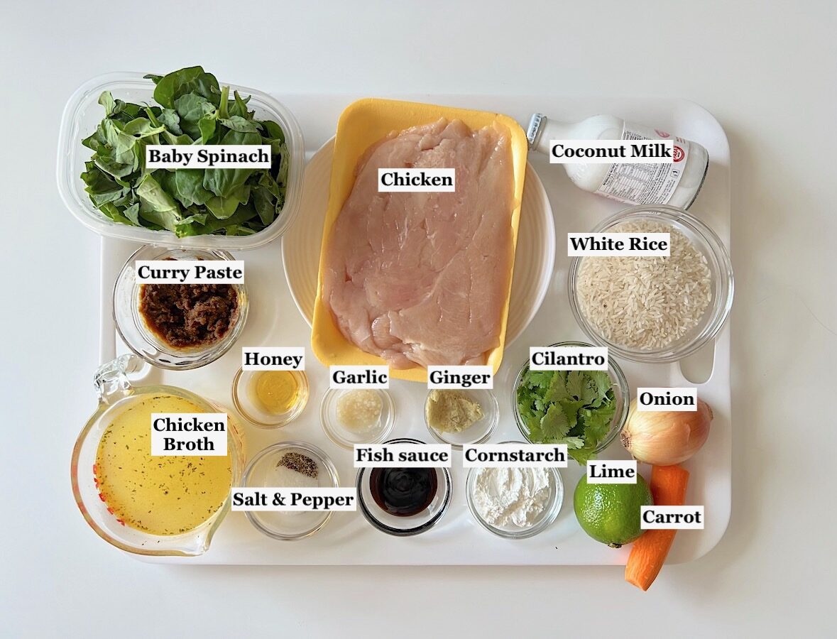 Ingredients prepped and measured out on counter for Crockpot Thai Chicken Curry recipe.