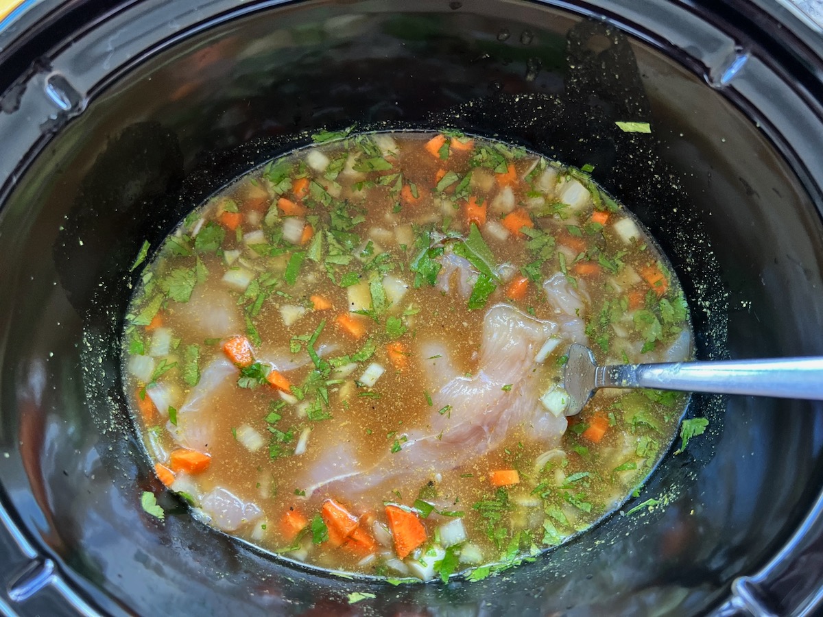 Raw chicken breasts and other ingredients in slow cooker for Crockpot Thai Chicken Curry recipe.