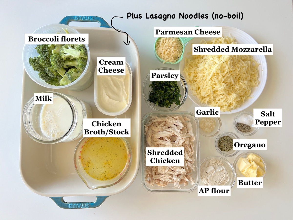 Ingredients prepped and measured out in bowls for the Broccoli and Chicken Lasagna recipe.