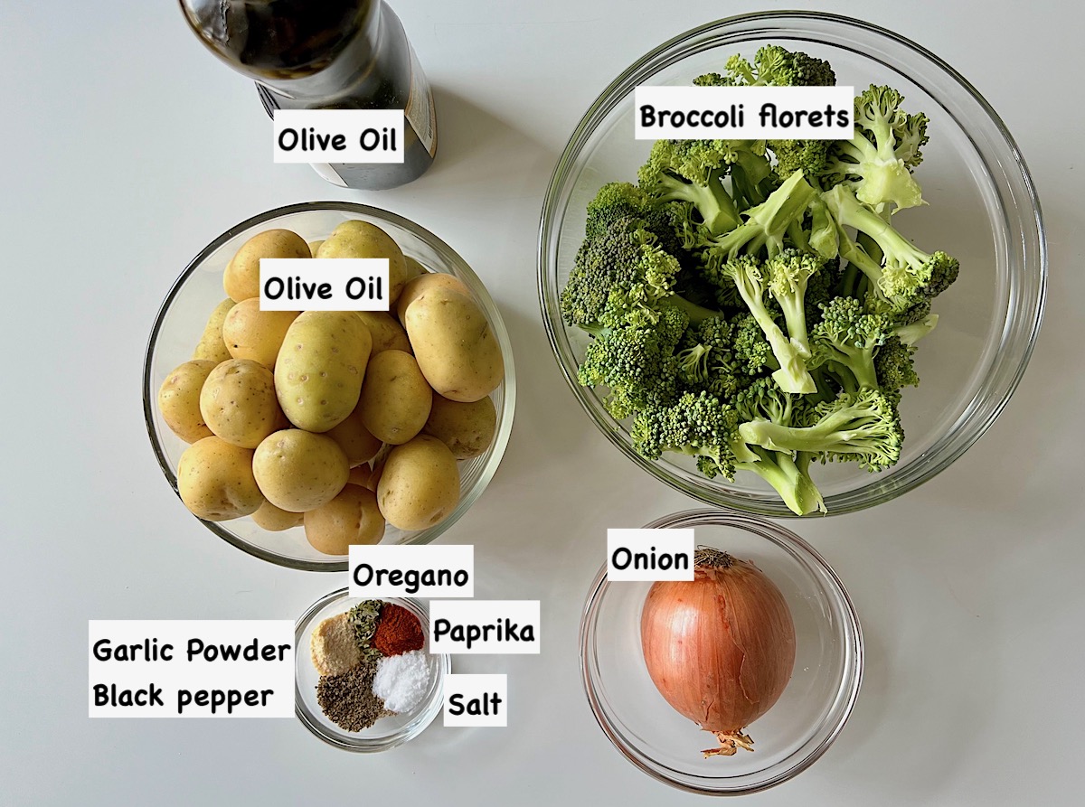 Ingredients prepped and measured out in bowls for the Roasting Potatoes and Broccoli recipe.