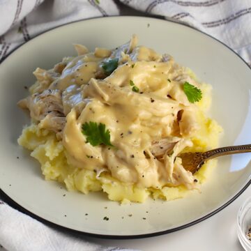 Homemade gravy served with shredded chicken and mashed potatoes.